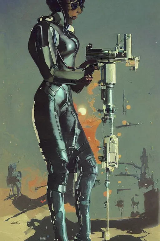 Image similar to pulp scifi fantasy illustration full body portrait of elegant woman wearing latex spacesuit shooting retro ray gun at alien, by norman rockwell, jack kirby, bergey, craig mullins, ruan jia, jeremy mann, tom lovell, 5 0 s, astounding stories, fantasy