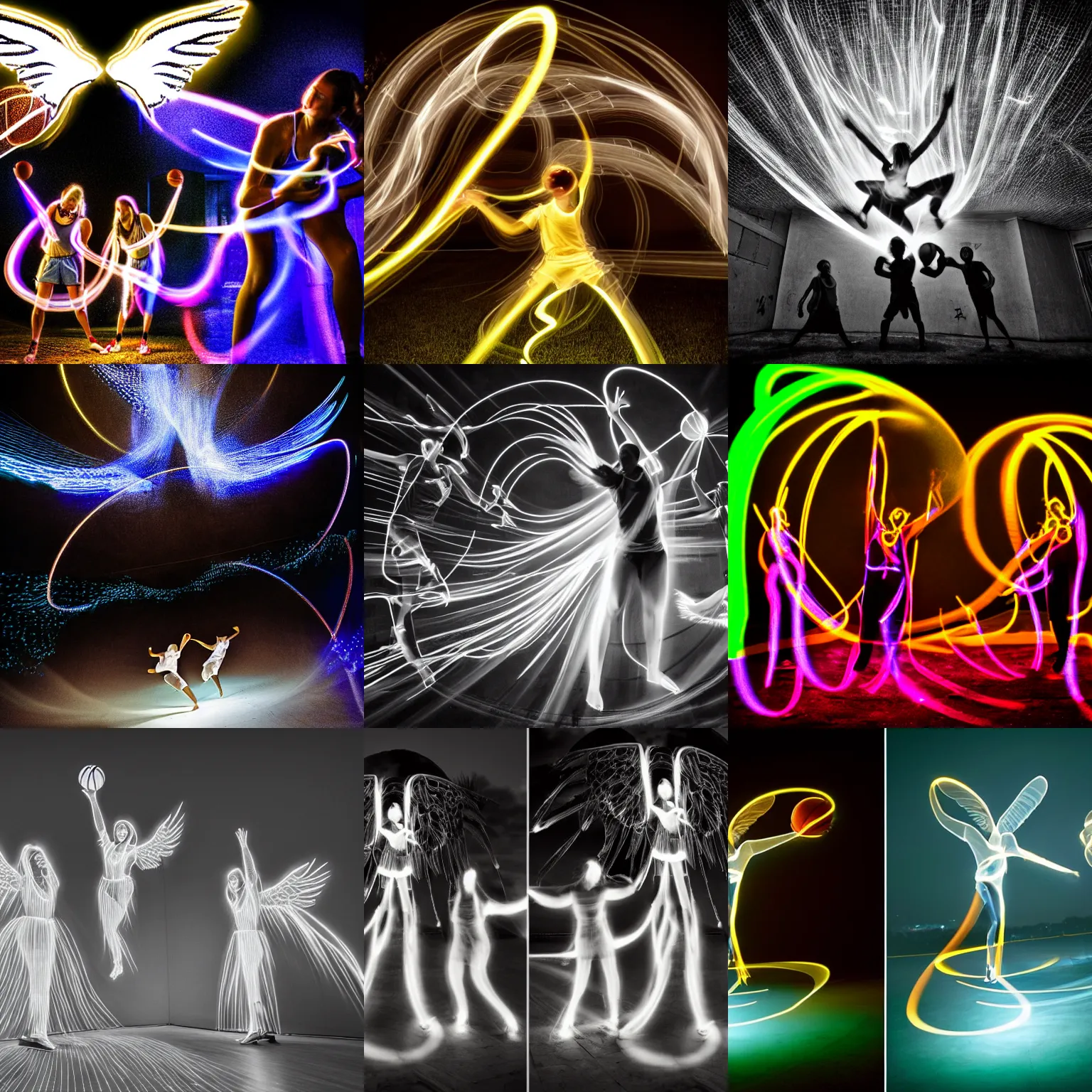 Prompt: angels playing basketball, underworld, light painting, light art, sharp,