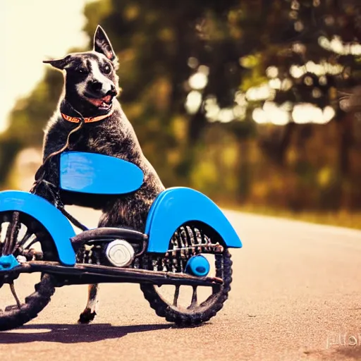 Image similar to blue heeler dog on a motorcycle, 8 k photography, blurred background of a wafflehouse