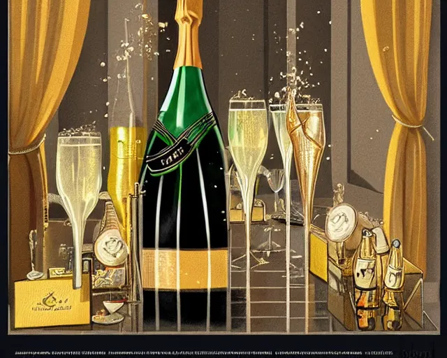 Prompt: 1 9 3 0 s champagne commercial, realistic, artstation, illustration, bright, cheerful, detailed and intricate environment