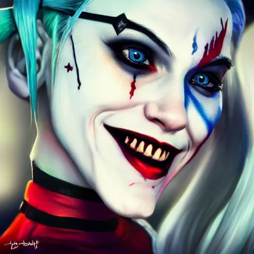 Image similar to Harley Quinn from the suicide squad, slim, smiling, portrait, fantasy, medieval, beautiful face, vivid colrs, elegant, concept art, sharp focus, digital art, Hyper-realistic, 4K, Unreal Engine, Highly Detailed, HD, Dramatic Lighting by Brom, trending on Artstation