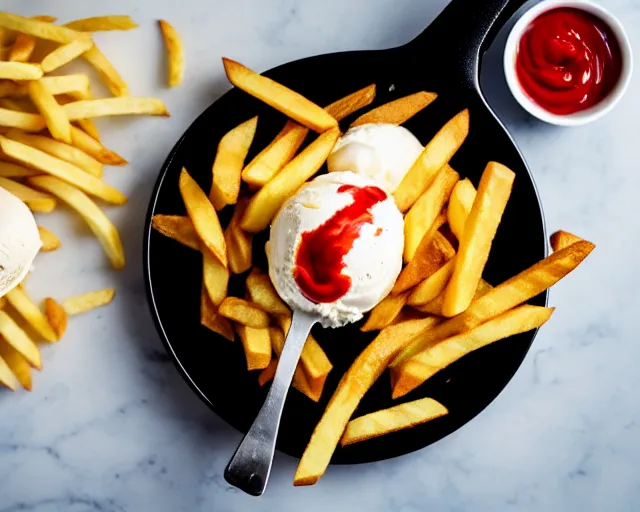 Image similar to dslr food photograph of vanilla ice cream with ketchup on, a leaf of oregano on the ice cream, french fries on the side, a bottle of ketchup, bokeh, 8 5 mm f 1. 4