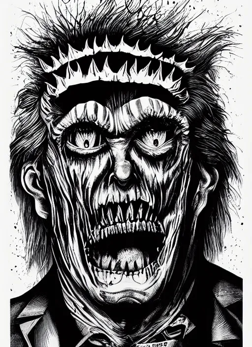 Prompt: Donald Trump's monstrous true form on a 1990s horror movie poster, inking, vintage 90s print, detailed, scary, horror, screen print, trending on artstation