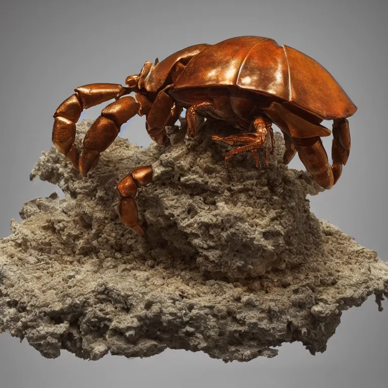 Prompt: hyperrealistic sculpture of a bronze fossilized hermit crab in a cage made of low poly acrylic on a pedestal by ron mueck and duane hanson and lee bontecou, hyperrealistic dramatic colored lighting trending on artstation 8 k