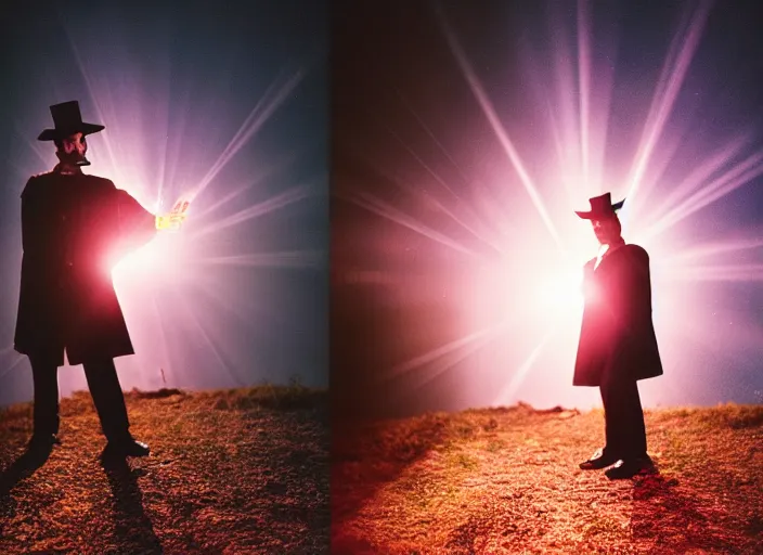 Prompt: a very good looking detailed sorcerer summons a blast of magic energy from their hand, on an empty moonlit hill, dramatic lighting, lens flare, 3 5 mm full frame professional photography, kodak ektar