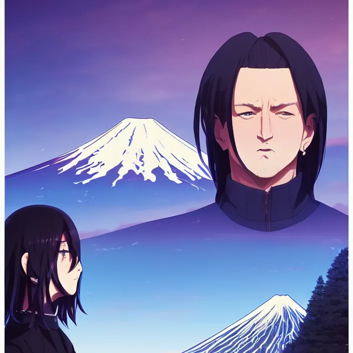 Prompt: portrait of the undertaker, mount fuji background, rich vivid colors, ambient lighting, dynamic lighting, 4 k, hq, official media, anime key visual, makoto shinkai, ilya kuvshinov, lois van baarle, rossdraws, detailed, trending on artstation