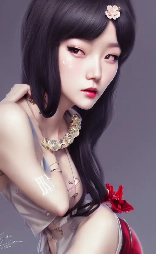 Image similar to a pin up and beautiful fashion charming dreamlke korea girl with lv jewelry, character art, art by artgerm lau and kyoung hwan kim and and ilya kuvshinov and john singer sargent, hyperdetailed, 8 k realistic, symmetrical, frostbite 3 engine, cryengine, dof, trending on artstation, digital art