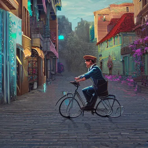 Image similar to a beautiful painting of a very detailed gangster riding a bike in a old town by dan mumford, beeple, trending on artstation, vapourwave