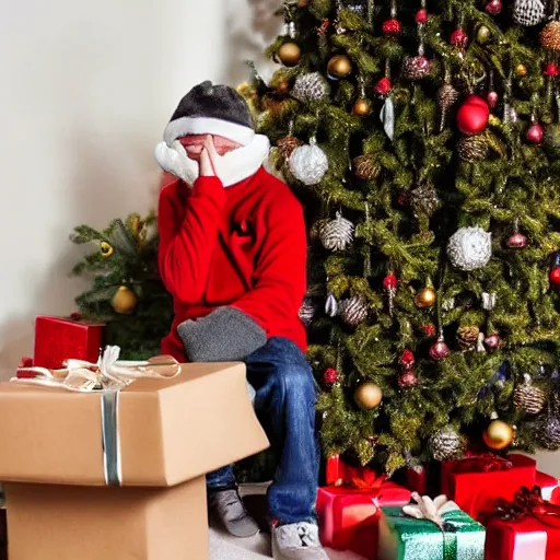 Image similar to a kid at christmas disappointed and crying looking a giant moai statue, his hands buried in his face, sitting down, looking disgusted and annoying | inside of a house next to a christmas tree, large opened present box next to the moai