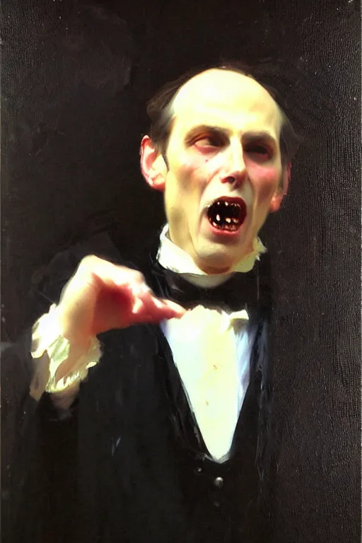 Image similar to impressionist brushstrokes!!!! beeple and richard schmid and jeremy lipking victorian loose genre loose painting full length portrait painting of a victorian male vampire