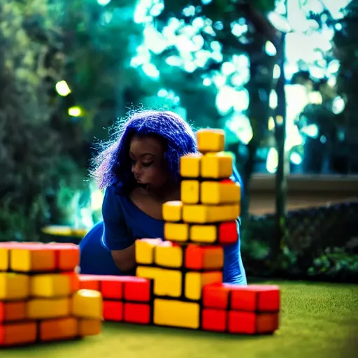 Image similar to cinematic photo of a beautiful dark blue skinned axolotl woman lit with saturated split colour yellow and red lighting playing giant jenga on the lawn