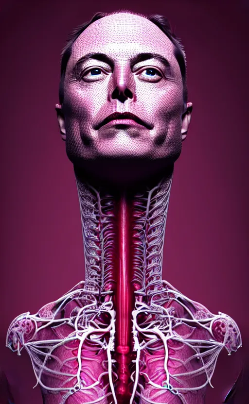 Image similar to a 3D render of a beautiful profile face portrait of a Elon Musk, 150 mm, beets, Mandelbrot fractal, anatomical, flesh, facial muscles, wires, microchip, veins, arteries, full frame, microscopic, elegant, highly detailed, flesh ornate, elegant, high fashion, rim light, octane render in the style of H.R. Giger and Man Ray