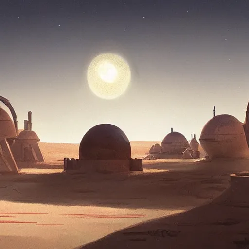 Image similar to star wars concept art of tatooine by greg rutkowski, cinematic lighting, evening light, nostalgic atmosphere.