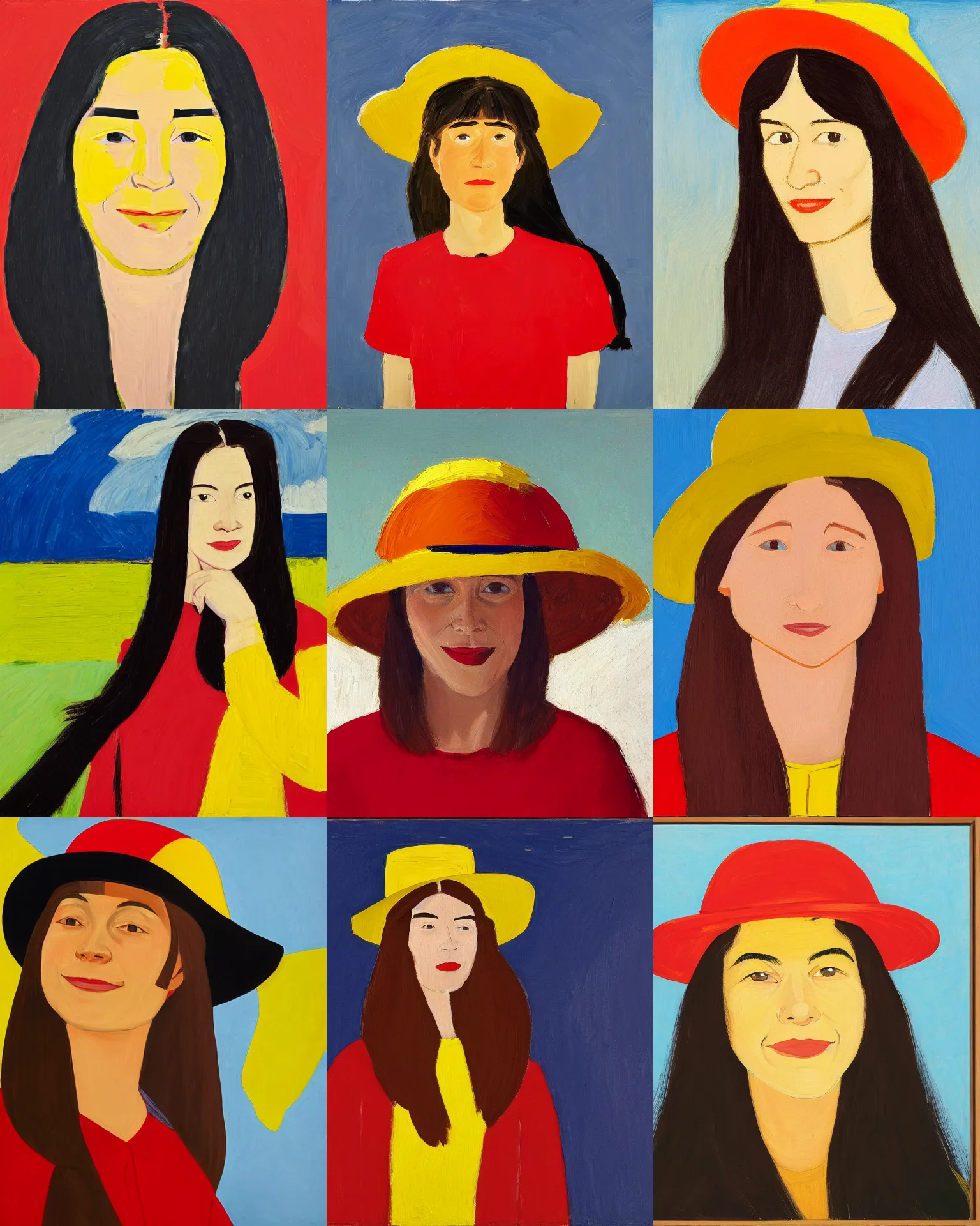 Prompt: portrait of a smiling young woman with hat, long hair and red shirt, yellow background, colorful, by alex katz, close up