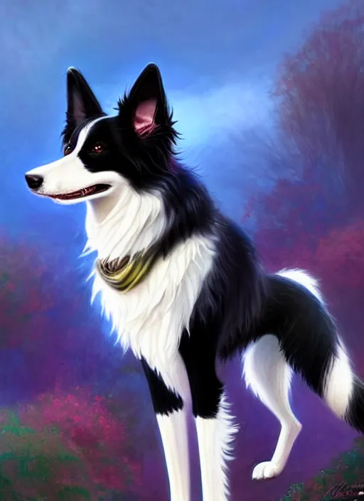 Image similar to full body digital painting of a cute male anthropomorphic border collie fursona wearing a jacket in front of a park, furaffinity, scenic background, intricate, elegant, beautiful, fantasy, highly detailed, glamor pose, trending on artstation, art by charlie bowater and henry asencio and and ross tran