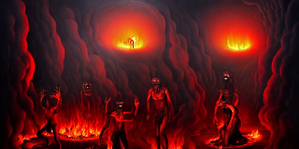 Image similar to repressed emotion creatures and monsters at the mouth of hell, dramatic lighting glow from giant fire, attempting to escape and start a revolution, in a dark surreal painting by ronny khalil