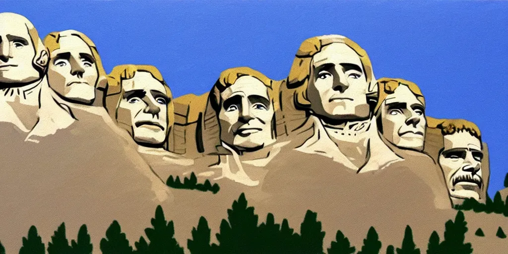 Image similar to a painting of mount rushmore by bob ross