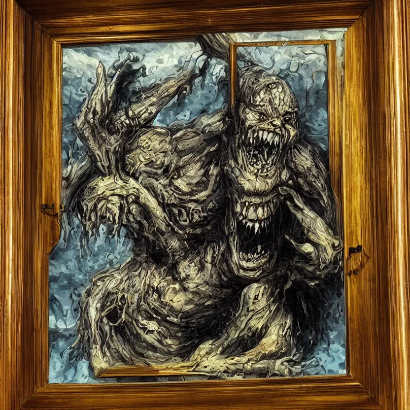 Image similar to a monster reaching through a framed painting, pulp horror