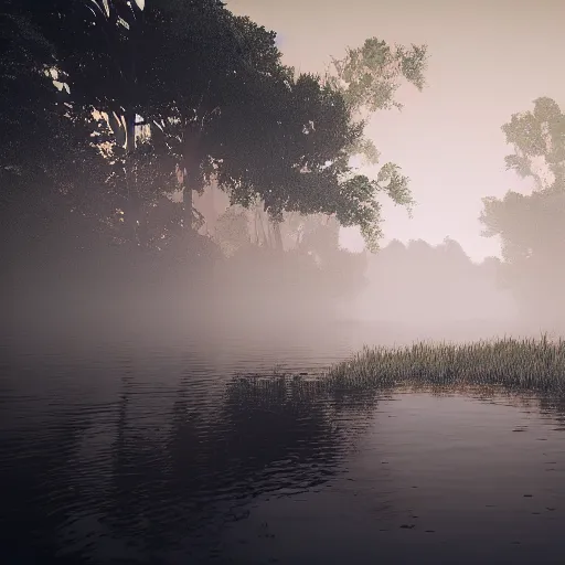 Prompt: artistic swamp with mystic fog, water on the foreground, from horror movies, artstation, low poly vegetation, fisher with fishing rode