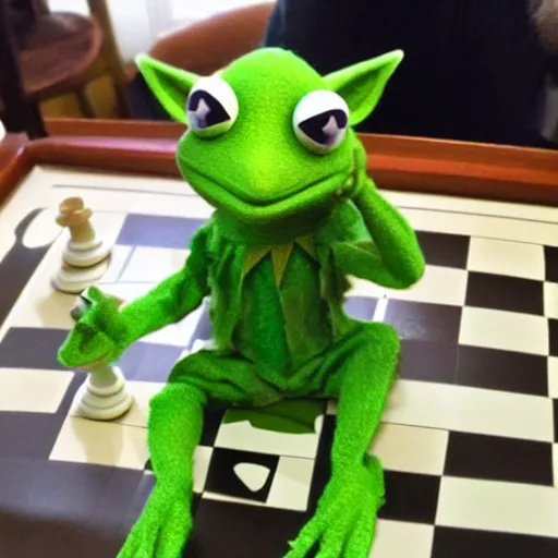 Prompt: photo of ( hybrid of kermit the frog and yoda ) playing chess