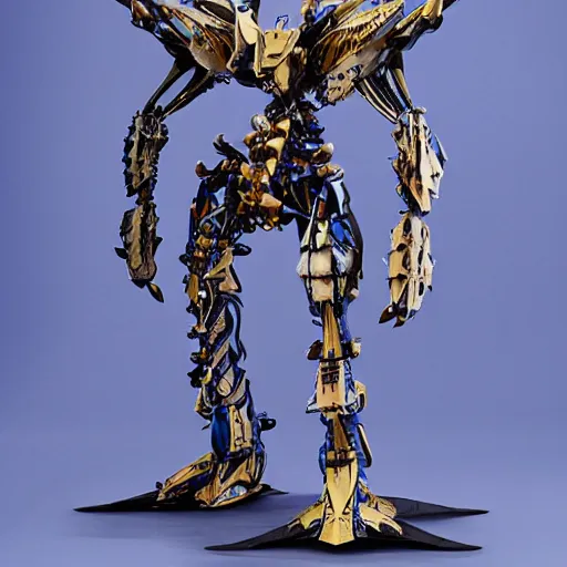 Prompt: shark themed sapphire mechanical exoskeleton wearing hardsurface armour, inlaid with gold rococo, bladed wings lace wear, sculpted spider zero, frank gehry, stephan martiniere, missle turrets, hyper detailed, custom mecha # frank gehry # spider zero