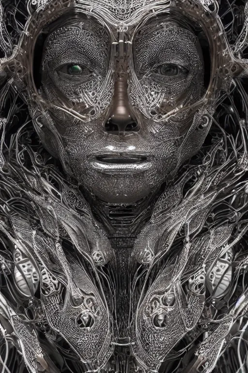 Prompt: a melancholic realistic 8k sculpture of a complex robotic human face, liquid metal simulation, bright psychedelic neon colors, dark dramatic lighting, hexagonal mesh wire, filigree intricate details, cinematic, fleshy musculature, white blossoms, elegant, 50mm lens, DOF, octane render, art nouveau, 8k post-processing, intricate art by Eddie Mendoza
