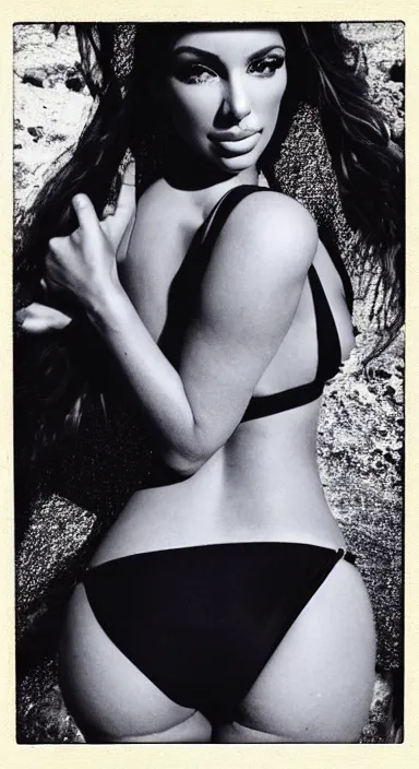 Prompt: photo from behind of a mix between taylor swift and kim kardashian in a bikini posing for a picture, a polaroid photo by michelangelo, instagram model, arabesque, hd, black background, sensual