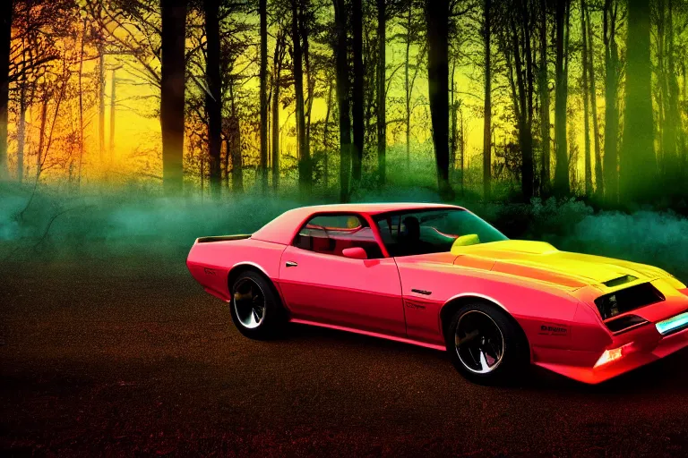 Image similar to pontiac firebird with glowing paint, sunrise, eerie light, fireflies, dramatic, cinematic, forest, sunbeams, volumetric lighting, wide shot, low angle, lightning hitting the car