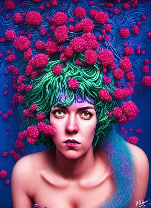 Image similar to hyper detailed 3d render like a Oil painting - Ramona Flowers with wavy black hair wearing thick mascara seen out Eating of the Strangling Strangling network of colorful yellowcake and aerochrome and milky and Her staring intensely delicate Hands hold of gossamer polyp blossoms bring iridescent fungal flowers whose spores black the foolish stars by Jacek Yerka, Mariusz Lewandowski, silly playful fun face, Houdini algorithmic generative render, Abstract brush strokes, Masterpiece, Edward Hopper and James Gilleard, Zdzislaw Beksinski, Mark Ryden, Wolfgang Lettl, Dan Hiller, hints of Yayoi Kasuma, octane render, 8k