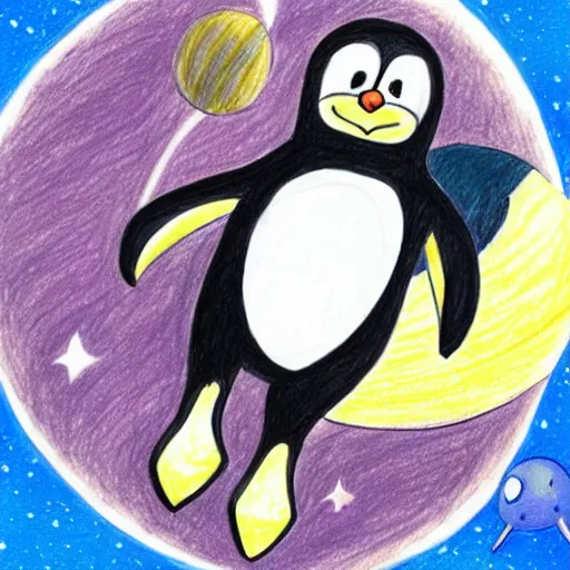 Prompt: cute drawing of a penguin on an astronaut suit, helmet on, floating on space, cartoon disney style, solid color