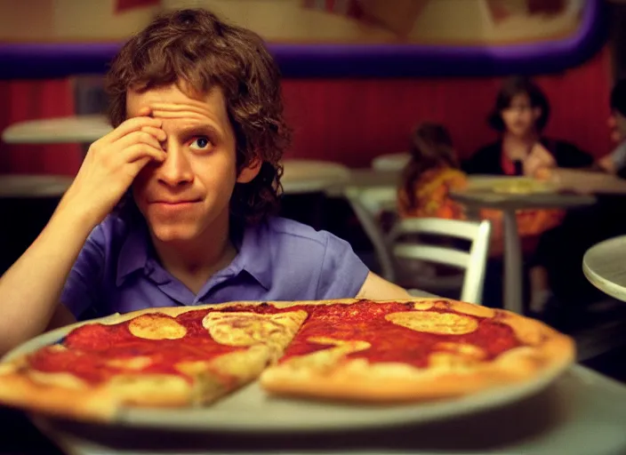 Prompt: detailed portrait of charlie kaufman eating pizza at chuck - e - cheese, dramatic lighting, moody film still from being john malkovich ( 2 0 1 0 ), 3 5 mm kodak color stock, 2 4 mm lens, directed by spike jonze, ecktochrome