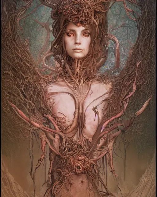 Image similar to a beautiful detailed front view portrait of a dead rotten princess with ornate growing around, ornamentation, elegant, beautifully soft lit, by wayne barlowe, peter mohrbacher, kelly mckernan