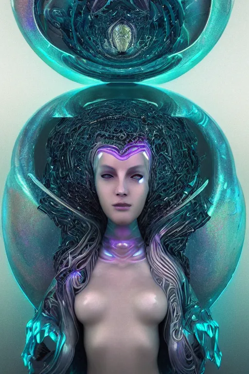 Image similar to a render of an ancient futuristic ethereal mermaid with digital modifications surrounded by a underwater ink pour and flowing liquid gallium and complex sacred geometry, powerful, cinematic, beautifully lit, perfect face, by beeple, by artgerm, by karol bak, by brian froud, 3 d, trending on cgsociety, octane render, zbrushcentral, 8 k