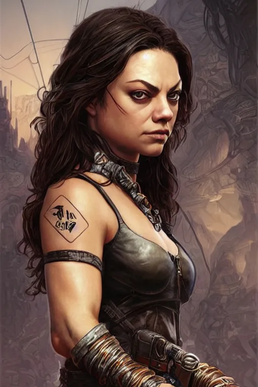 Image similar to tough Mila Kunis as a ruggedly handsome heroine, intricate, elegant, highly detailed, centered, artstation, concept art, smooth, sharp focus, illustration, bokeh art by artgerm and donato giancola and Joseph Christian Leyendecker, WLOP