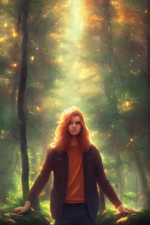 Image similar to pretty young man with long golden hair, trees, detailed forest background, webtoon, breathtaking scenery, colourful, 8 k, graphic novel, digital art trending on artstation, volumetric lighting, octane render, cinematic, hyper detailed, magical atmosphere