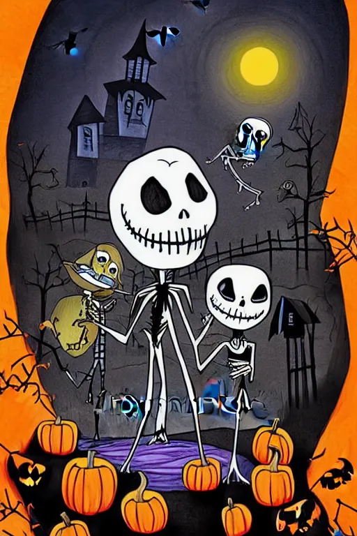 Prompt: illustration for a story that reads : in the town of halloween, the only thing that you will hear, is the sound of jack skellington's voice, as he sings his scary song., colorful, fantasy, pixar, childrens book illustration, sharp high detail, manga and anime ( 4 )