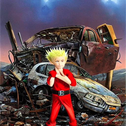 Prompt: a skinny elf with spiky blonde hair wearing dark brown overalls and holding dynamite standing next to a destroyed car, painting by Jim Burns