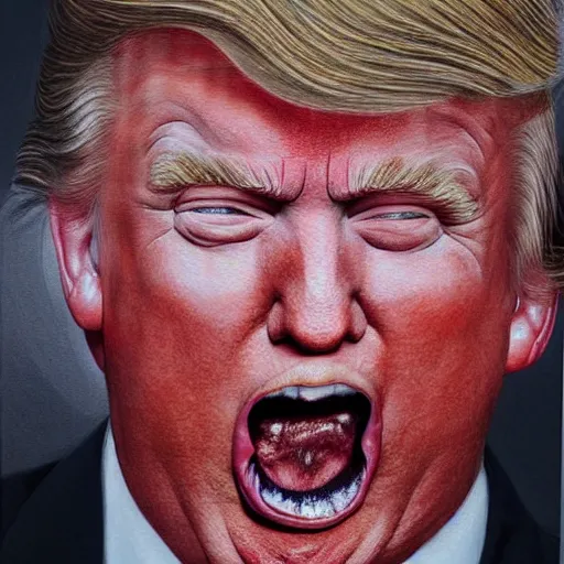 Image similar to Hyperrealistic portrait of sweaty Donald Trump with mouth wide open and spittle spraying, very detailed, 8k, portrait, oil painting