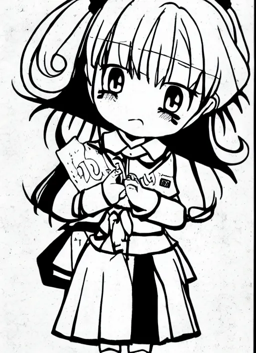 Prompt: manga style, black and white manga, multi - panel kawaii chibi manga, school girl kuudere, by gen urobuchi and yuyuko takemiya, japanese language