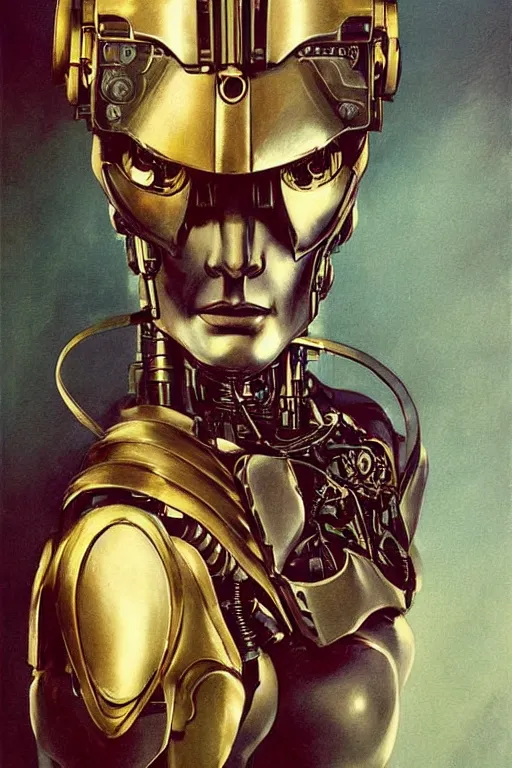 Image similar to futurist half human half robot soldier, art by leyendecker, head and shoulders portrait, blood, cyberpunk, cybernetic implants, warrior face paint, flower ornament in the background, very intricate, award winning, extreme details