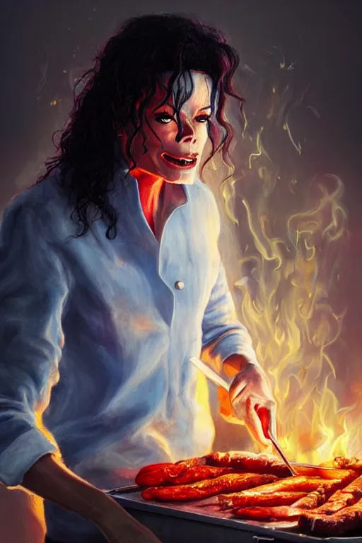 Image similar to michael jackson cooking a bbq as a demon, anatomy, bathed in light, highly detailed, photorealistic, artstation, smooth, sharp focus, illustration, unreal engine 5, 8 k, art by artgerm and greg rutkowski and edgar maxence