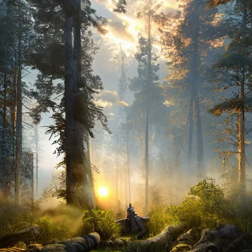 Prompt: sunset breaks through the forest, Dart Vader is fighting Jedis, painting in style of Ivan Shishkin, hypermaximalistic, high details, cinematic, 8k resolution, beautiful detailed, insanely intricate details, artstation trending, octane render, unreal engine,