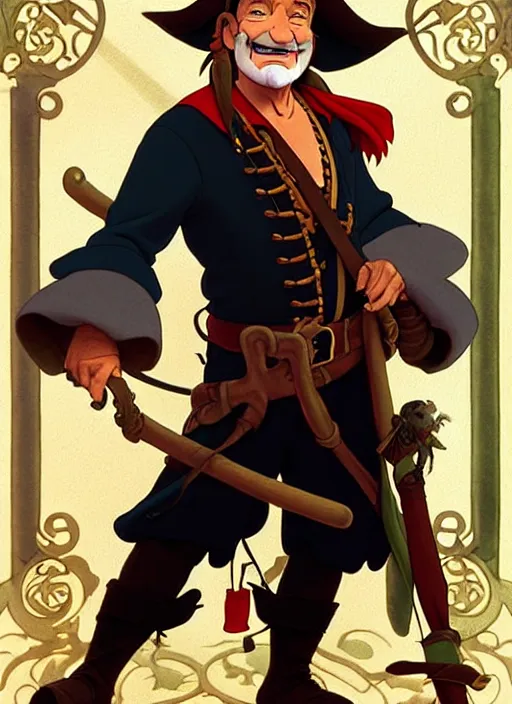 Image similar to robin williams as a pirate wearing black. parrot on his shoulder, on a pirate ship natural lighting, path traced, highly detailed, high quality, digital painting, by don bluth and ross tran and studio ghibli and alphonse mucha, artgerm