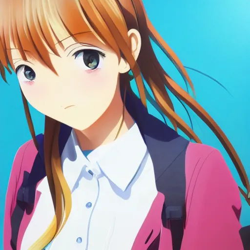 Image similar to a high detail portrait of high school girl by makoto sinkai, kyoto animation, kawaii, full body, in simple background, CLIP STADIO, mad painting