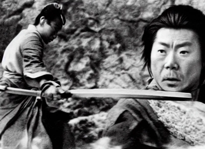 Image similar to a movie still of a samurai slicing through a loaf of bread by Akira Kurosawa