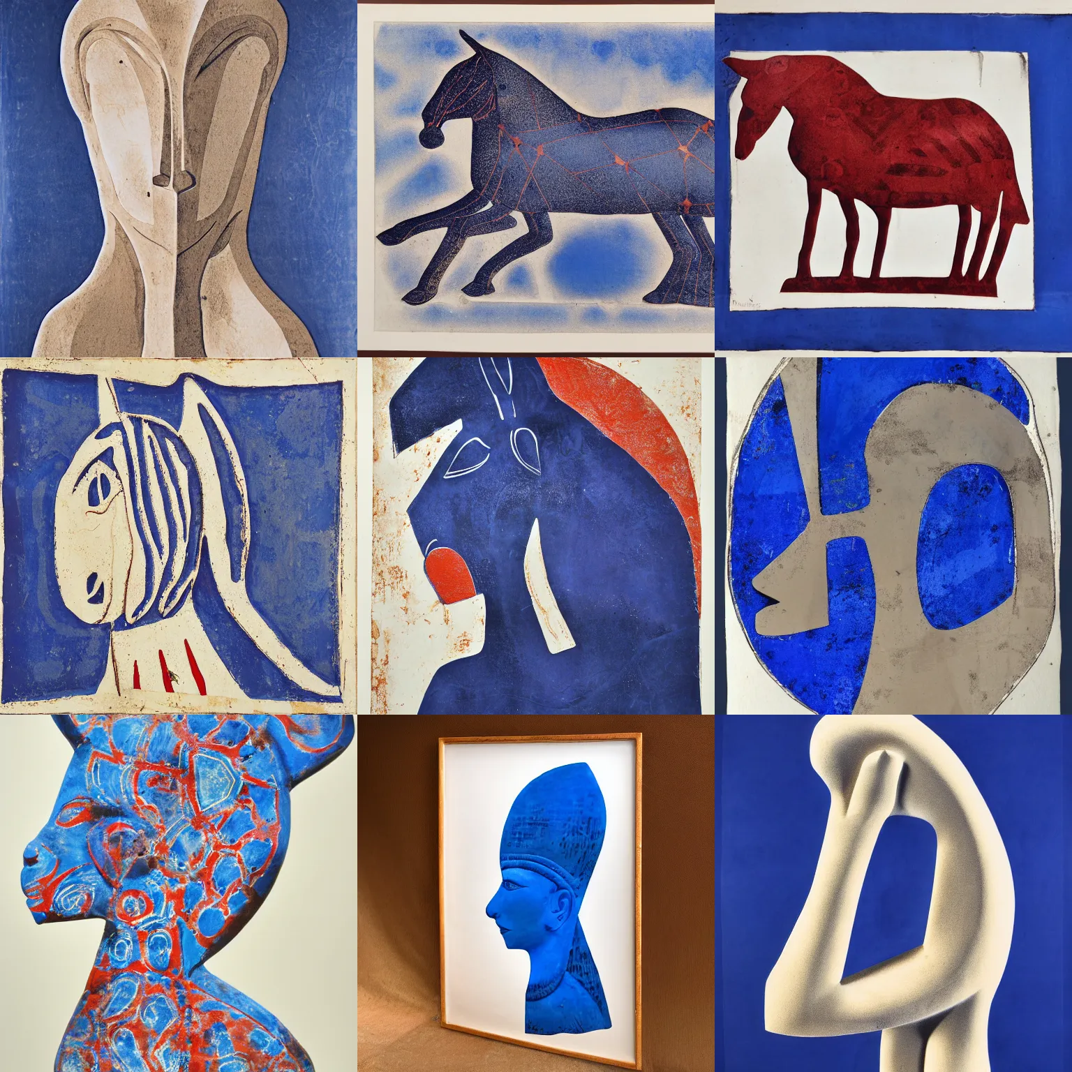 Prompt: lithograph batik of donkey cycladic sculpture against white background, side view, ultramarine blue and red iron oxide