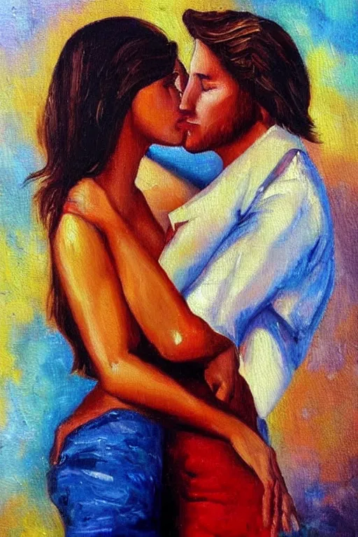 Prompt: man kisses girl beautiful harmony oil painting