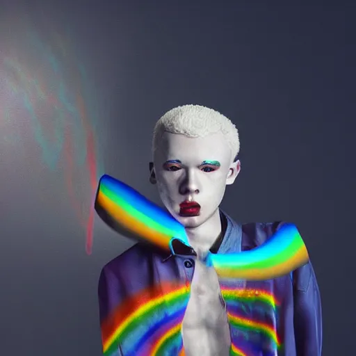 Prompt: beautiful albino model puking rainbows, unral engine octane, colorful, darkart