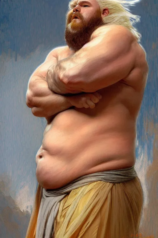 Image similar to painted portrait of rugged fat orange cat, god of thunder, greek god, white hair, masculine, powerful, handsome, upper body, white robe, muscular, hairy torso, fantasy, intricate, elegant, highly detailed, digital painting, artstation, concept art, smooth, sharp focus, illustration, art by gaston bussiere and alphonse mucha