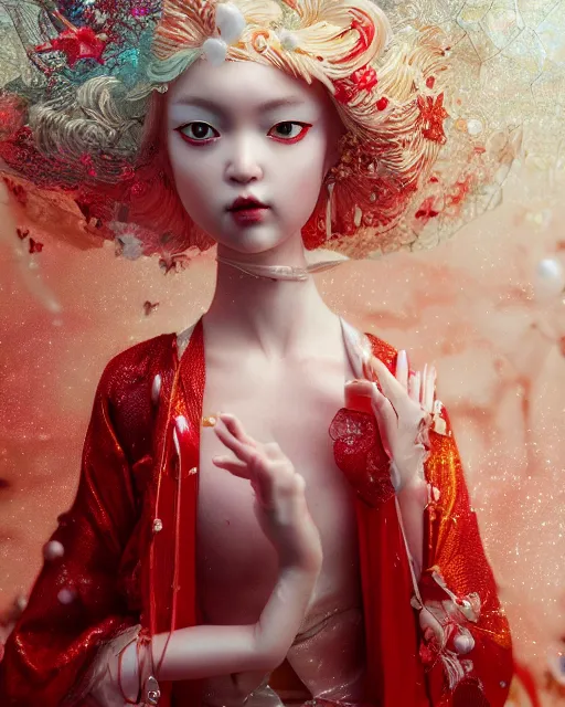 Prompt: detailed photo of pearl japanese doll, pearl skin, magical, beautiful clothes, innocent, elegant red dress, 8 k, by tristan eaton, stanley artgermm, tom bagshaw, greg rutkowski, carne griffiths, trending on deviantart, hyper detailed, glorious lighting, epic environment